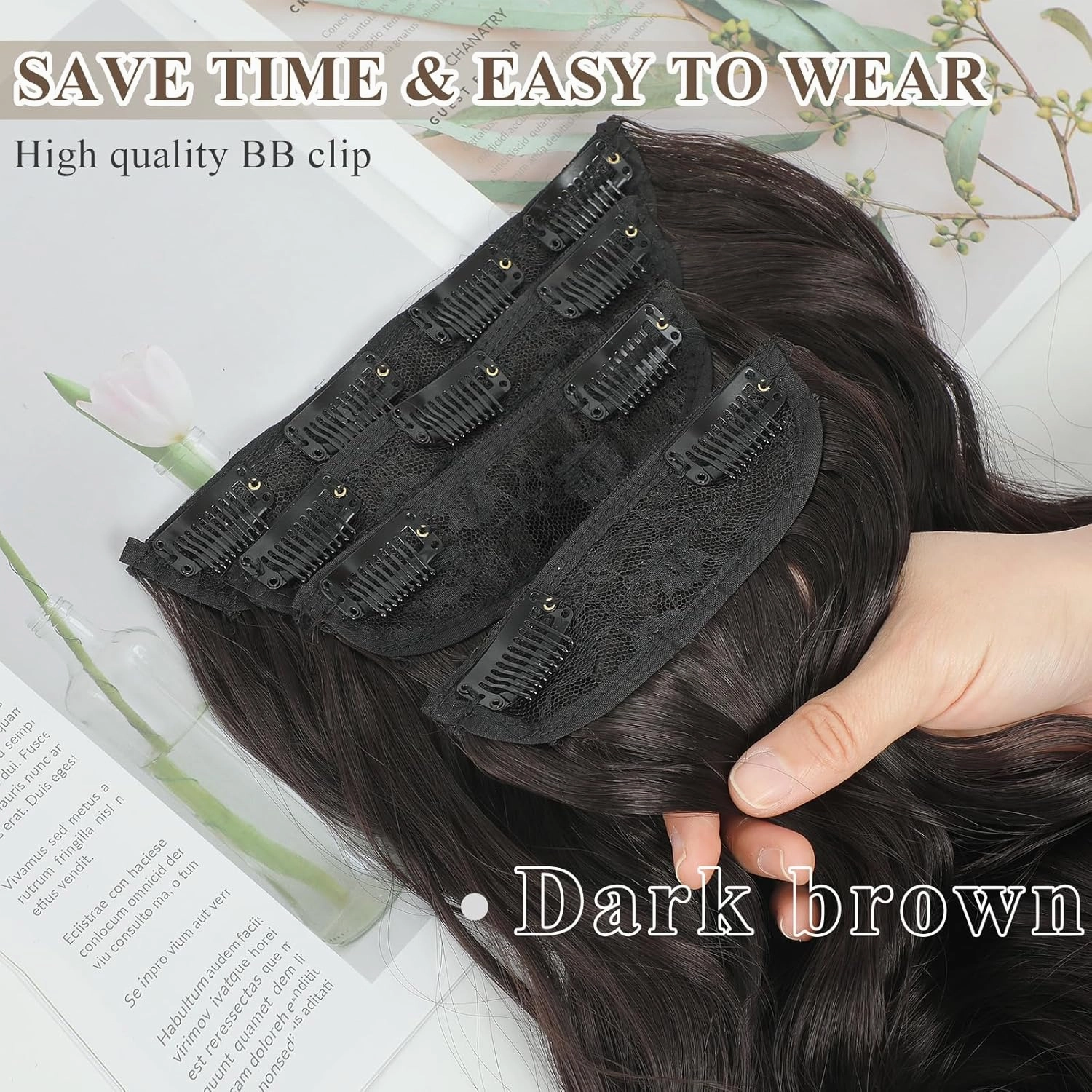 NAYOO 4PCS Clip in Hair Extensions Dark Brown Long Wavy Curly Synthetic Thick Hairpieces for Women with Fiber Double Weft Hair Full Head（20 inch, Dark Brown）