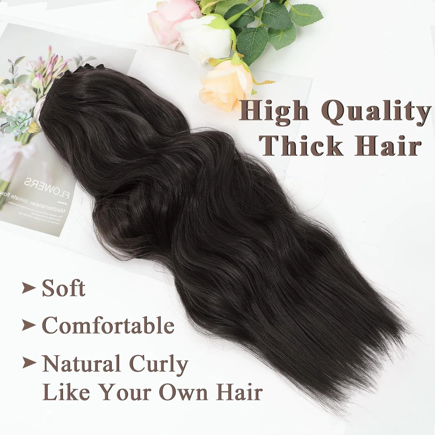 NAYOO 4PCS Clip in Hair Extensions Dark Brown Long Wavy Curly Synthetic Thick Hairpieces for Women with Fiber Double Weft Hair Full Head（20 inch, Dark Brown）