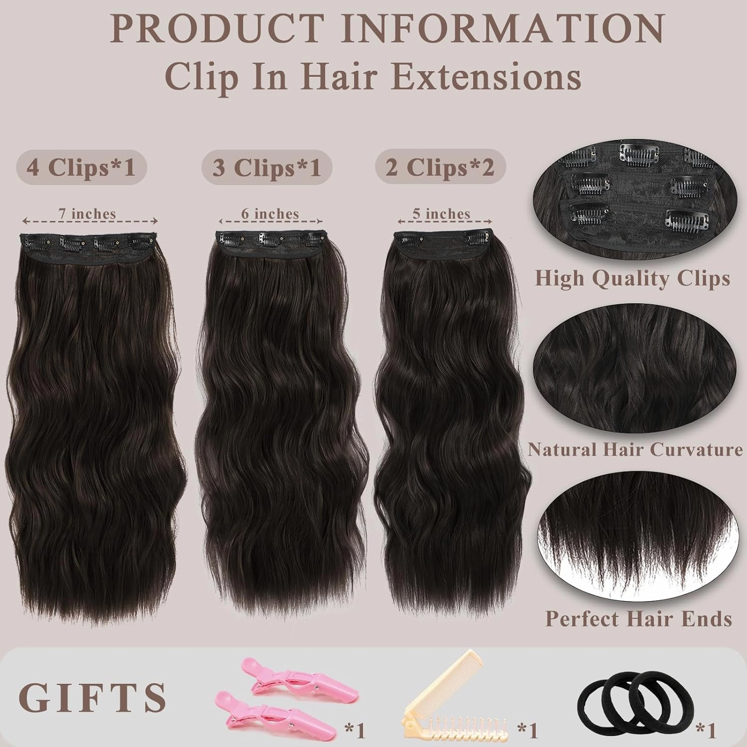 NAYOO 4PCS Clip in Hair Extensions Dark Brown Long Wavy Curly Synthetic Thick Hairpieces for Women with Fiber Double Weft Hair Full Head（20 inch, Dark Brown）