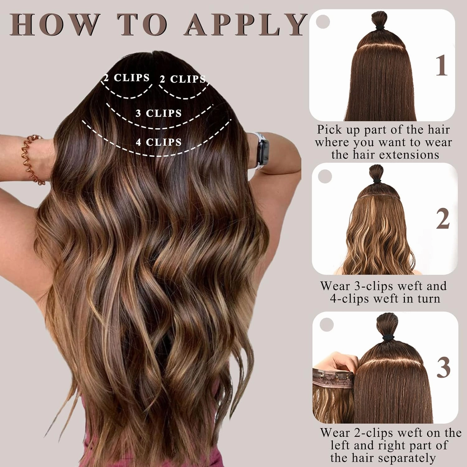 NAYOO 4PCS Clip in Hair Extensions Dark Brown Long Wavy Curly Synthetic Thick Hairpieces for Women with Fiber Double Weft Hair Full Head（20 inch, Dark Brown）