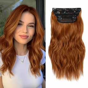NAYOO 4PCS Clip in Hair Extensions Long Wavy Curly Synthetic Thick Hairpieces Copper Red for Women with Fiber Double Weft Hair Full Head（16 Inch, Copper Red）
