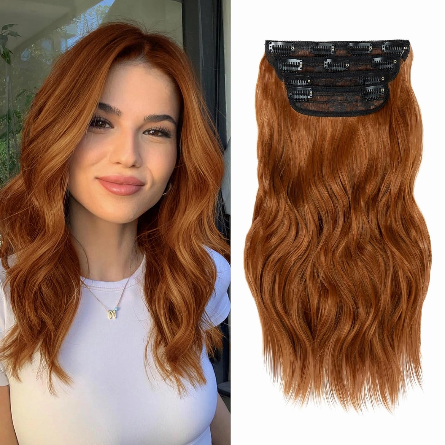 NAYOO 4PCS Clip in Hair Extensions Long Wavy Curly Synthetic Thick Hairpieces Copper Red for Women with Fiber Double Weft Hair Full Head（16 Inch, Copper Red）