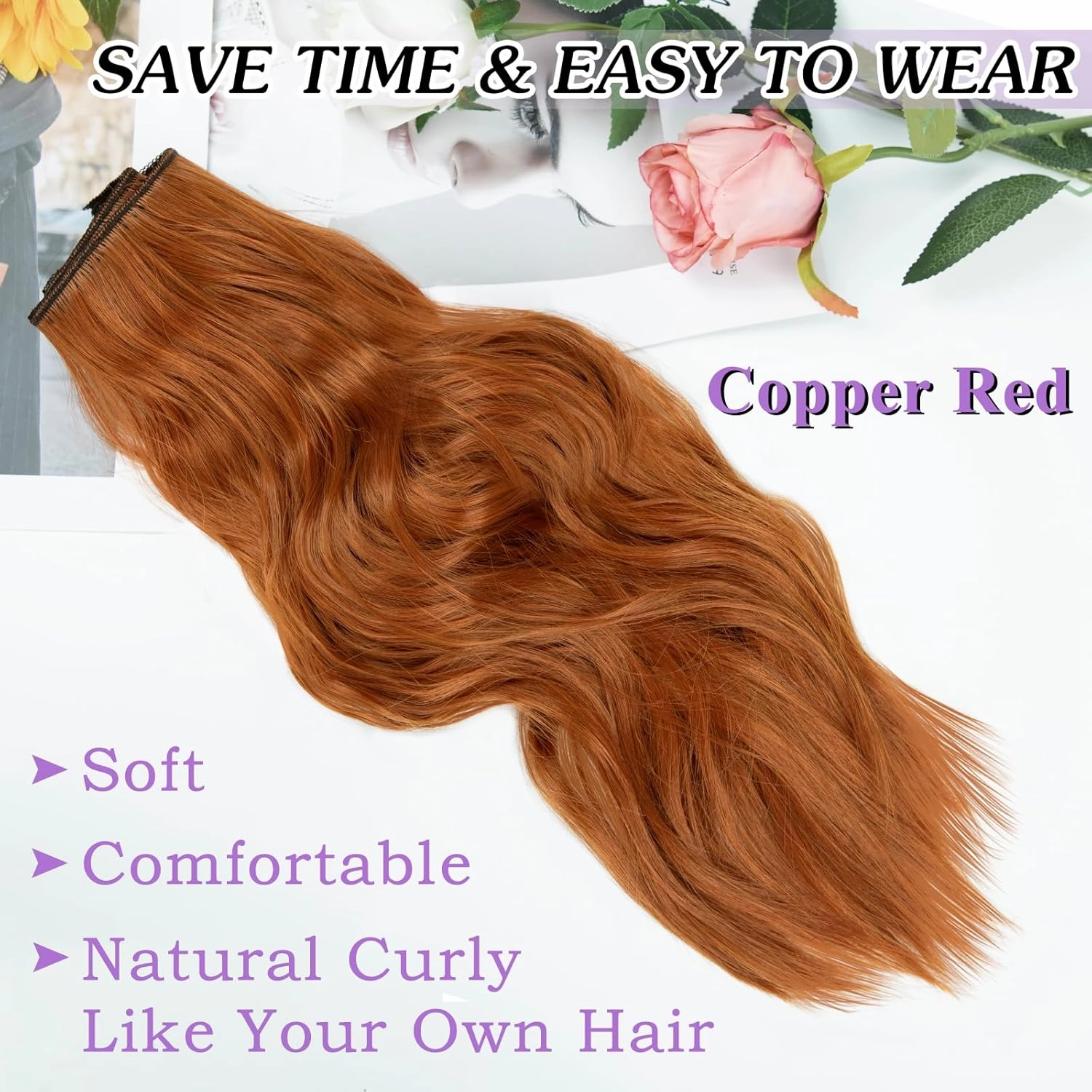 NAYOO 4PCS Clip in Hair Extensions Long Wavy Curly Synthetic Thick Hairpieces Copper Red for Women with Fiber Double Weft Hair Full Head（16 Inch, Copper Red）