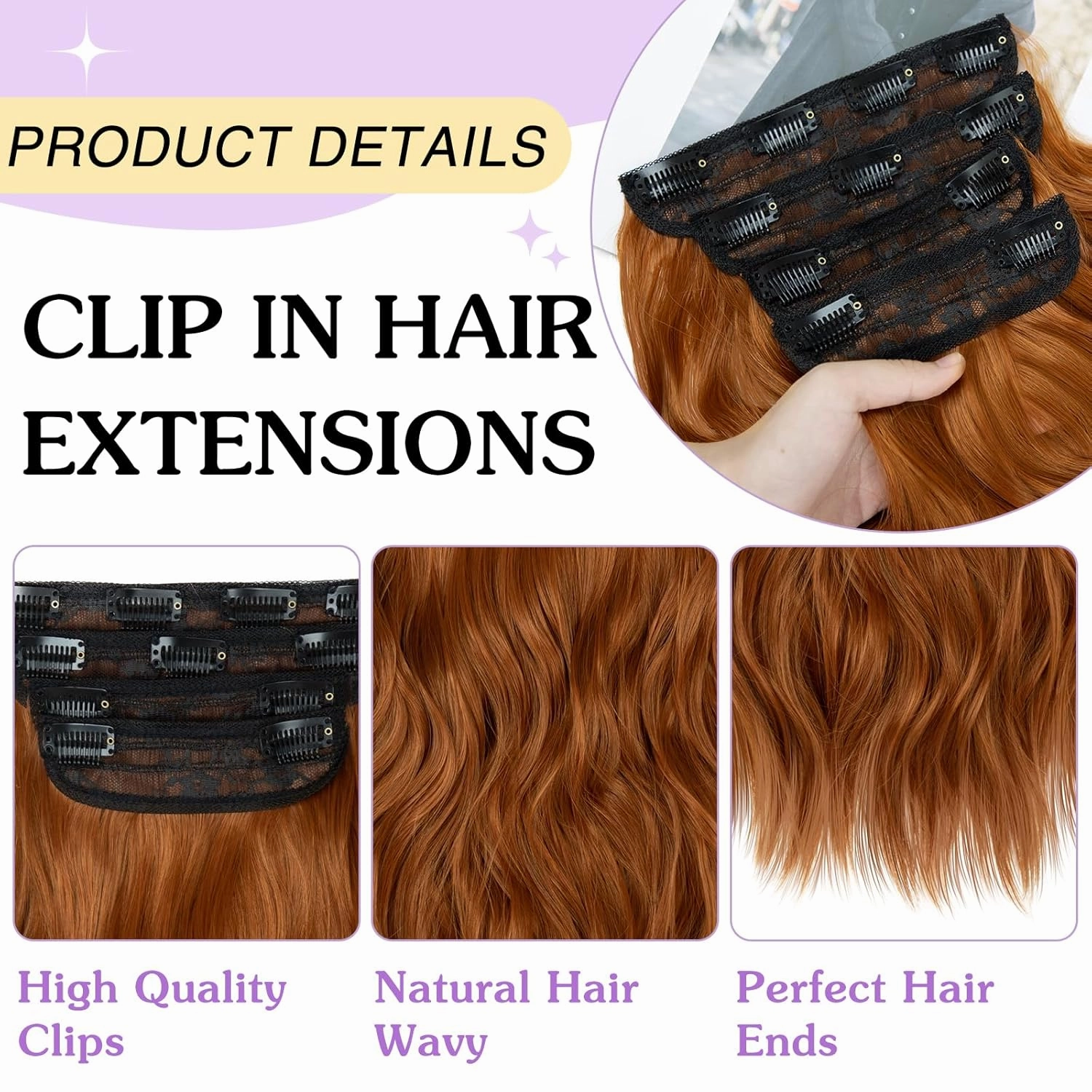 NAYOO 4PCS Clip in Hair Extensions Long Wavy Curly Synthetic Thick Hairpieces Copper Red for Women with Fiber Double Weft Hair Full Head（16 Inch, Copper Red）