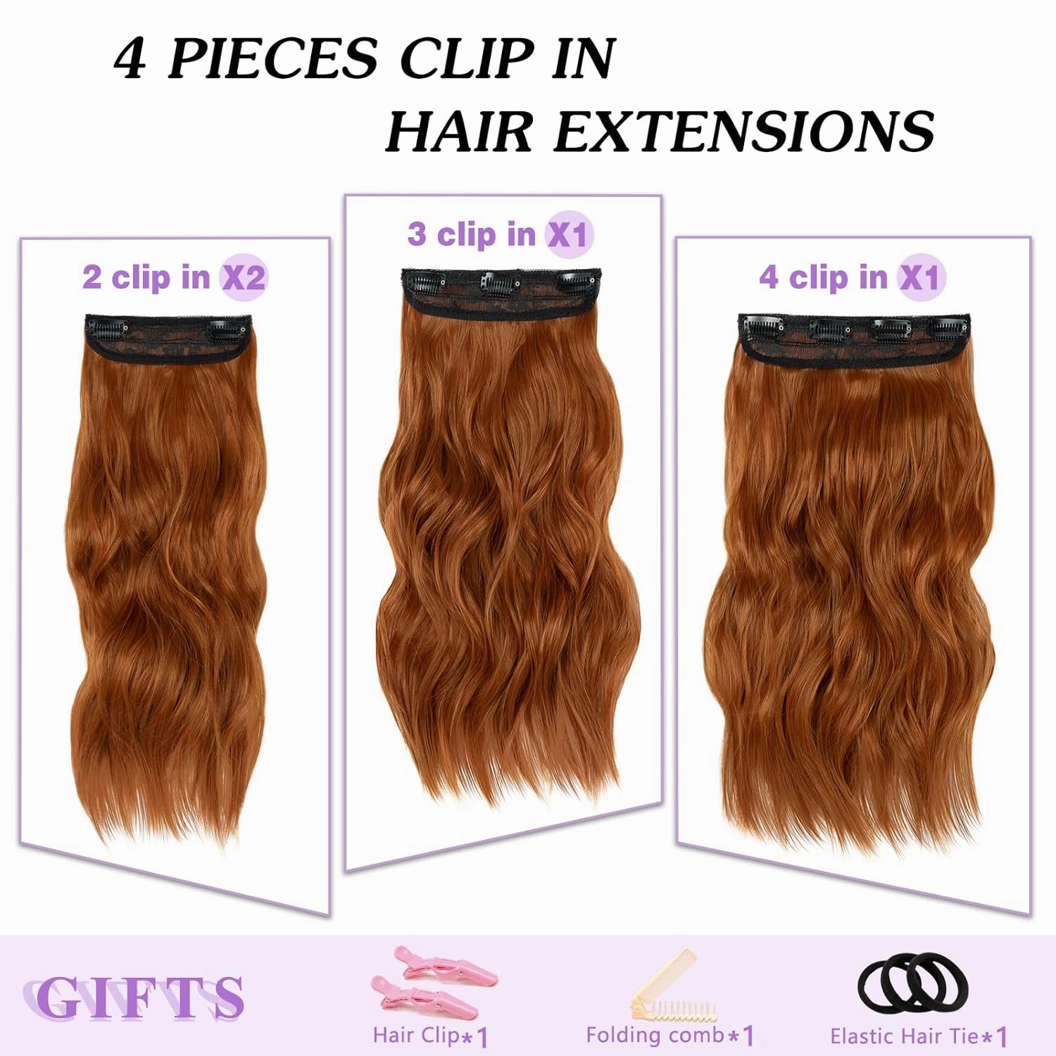 NAYOO 4PCS Clip in Hair Extensions Long Wavy Curly Synthetic Thick Hairpieces Copper Red for Women with Fiber Double Weft Hair Full Head（16 Inch, Copper Red）
