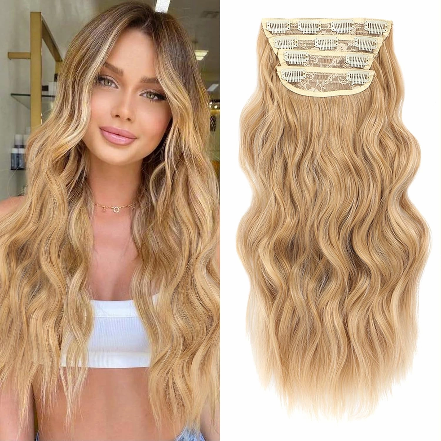 NAYOO Honey Blonde Clip In Hair Extensions 4PCS Wavy Curly Hair Extensions Synthetic Fiber Double Weft Soft Hairpieces For Women（20 inch, Honey Blonde）