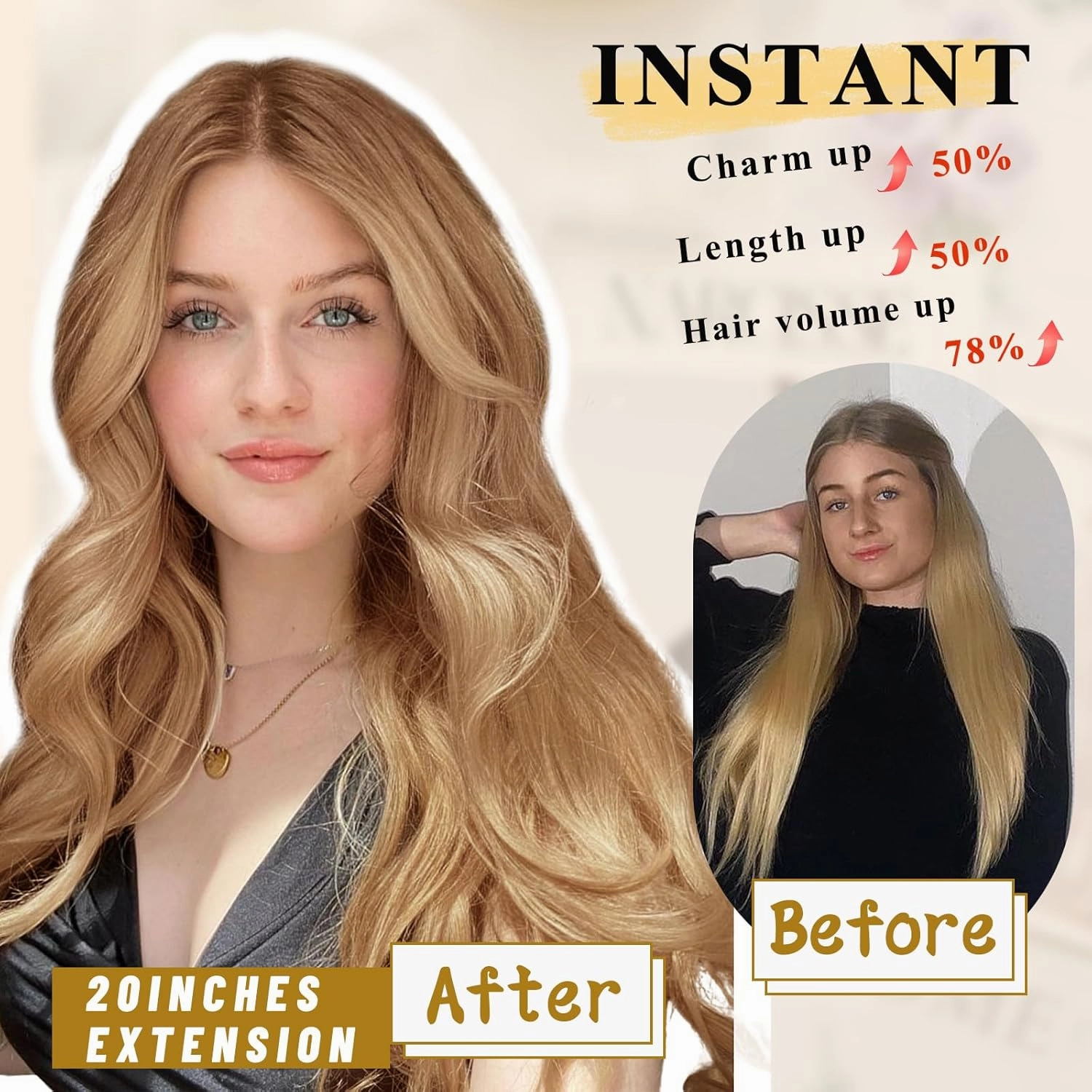 NAYOO Honey Blonde Clip In Hair Extensions 4PCS Wavy Curly Hair Extensions Synthetic Fiber Double Weft Soft Hairpieces For Women（20 inch, Honey Blonde）