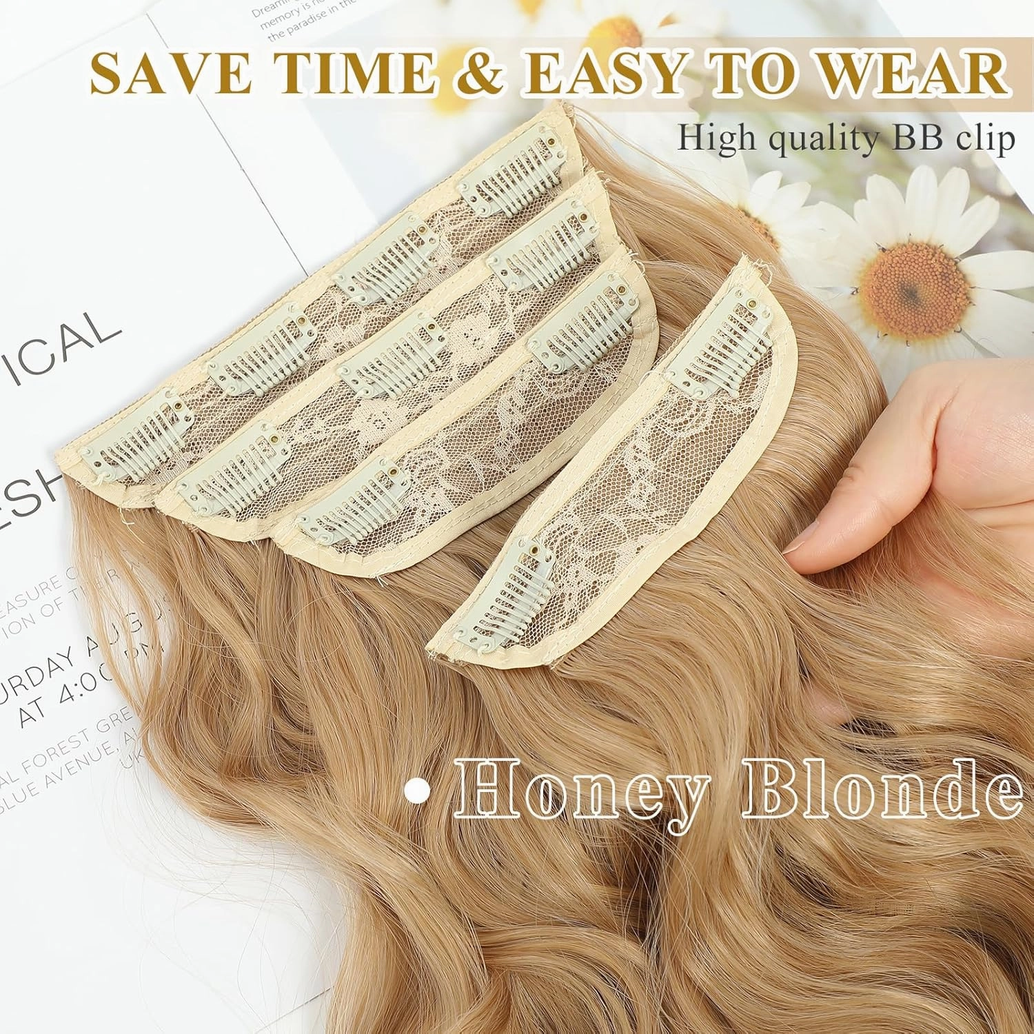NAYOO Honey Blonde Clip In Hair Extensions 4PCS Wavy Curly Hair Extensions Synthetic Fiber Double Weft Soft Hairpieces For Women（20 inch, Honey Blonde）