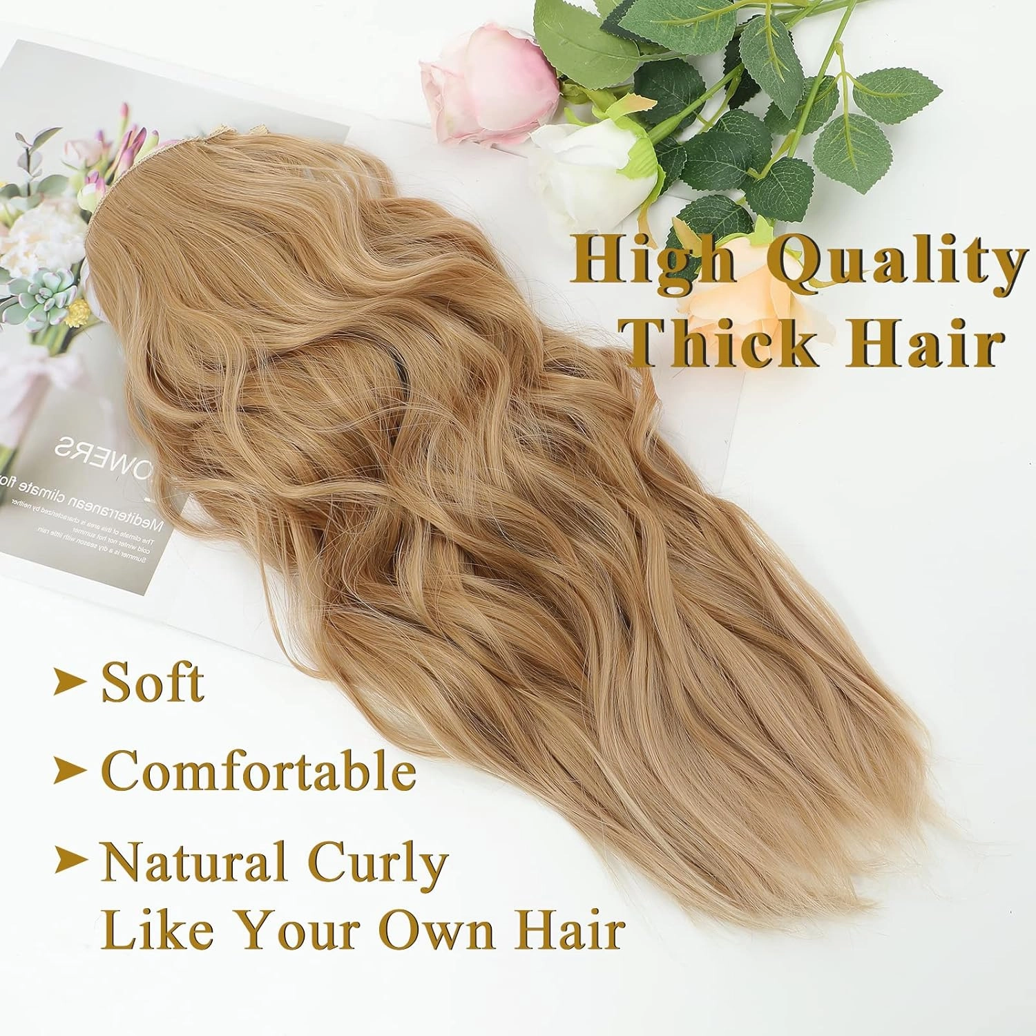 NAYOO Honey Blonde Clip In Hair Extensions 4PCS Wavy Curly Hair Extensions Synthetic Fiber Double Weft Soft Hairpieces For Women（20 inch, Honey Blonde）