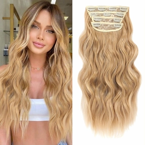 NAYOO Honey Blonde Clip In Hair Extensions 4PCS Wavy Curly Hair Extensions Synthetic Fiber Double Weft Soft Hairpieces For Women（20 inch, Honey Blonde）