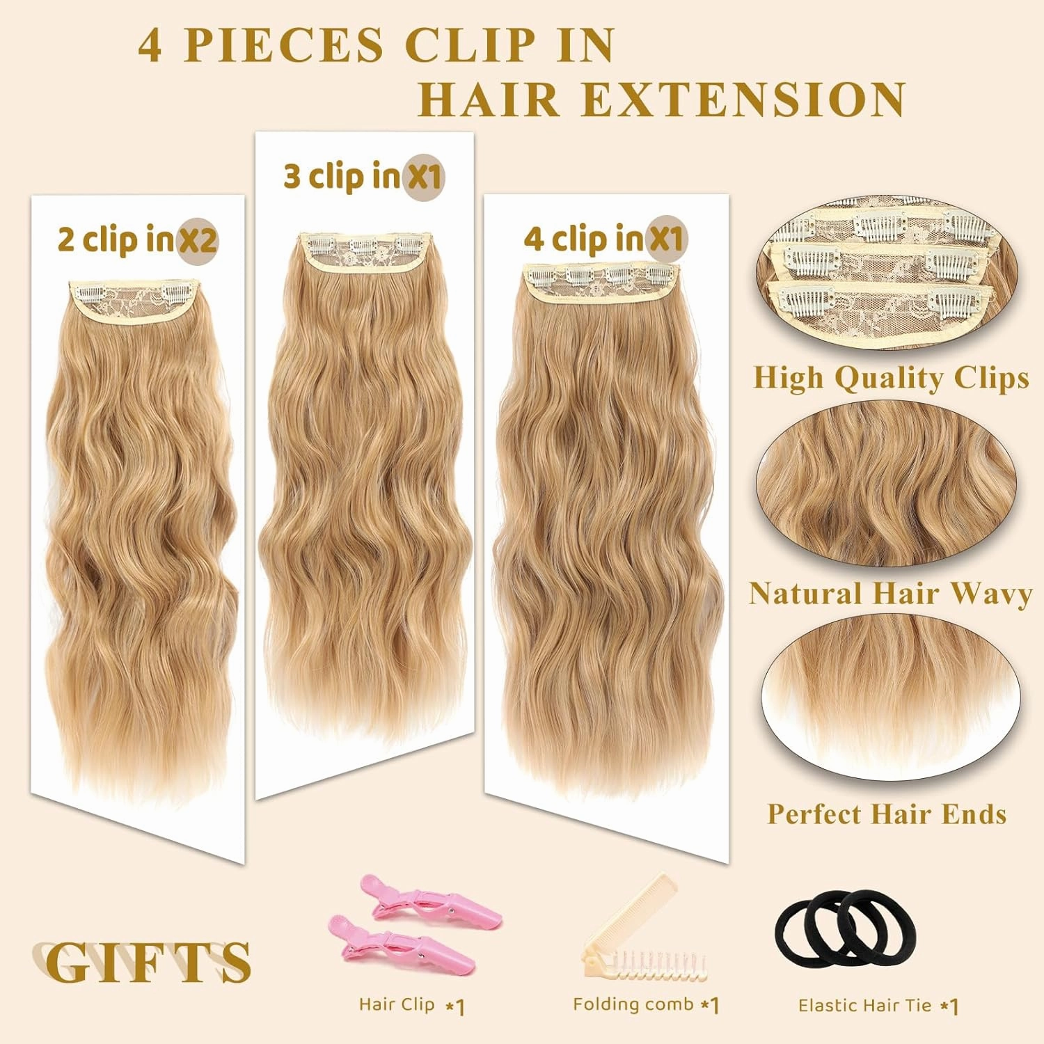NAYOO Honey Blonde Clip In Hair Extensions 4PCS Wavy Curly Hair Extensions Synthetic Fiber Double Weft Soft Hairpieces For Women（20 inch, Honey Blonde）