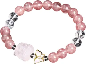 New 2025 Unisex Natural Stone Strawberry Quartz Bead Bracelets Women Sweet Pink Carved Nine-Tailed Fox Copper Design Decoration Jewelry Luxury Accessories Trendy Best For Gift For Women And Men