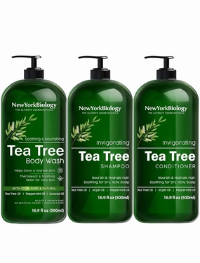 New York Biology Tea Tree Body Wash with Tea Tree Shampoo and Conditioner Set – Helps Itchy Skin Conditions & Body Odor - Deep Cleanser – Relief for Dandruff and Itchy Scalp – 16.9 fl. Oz