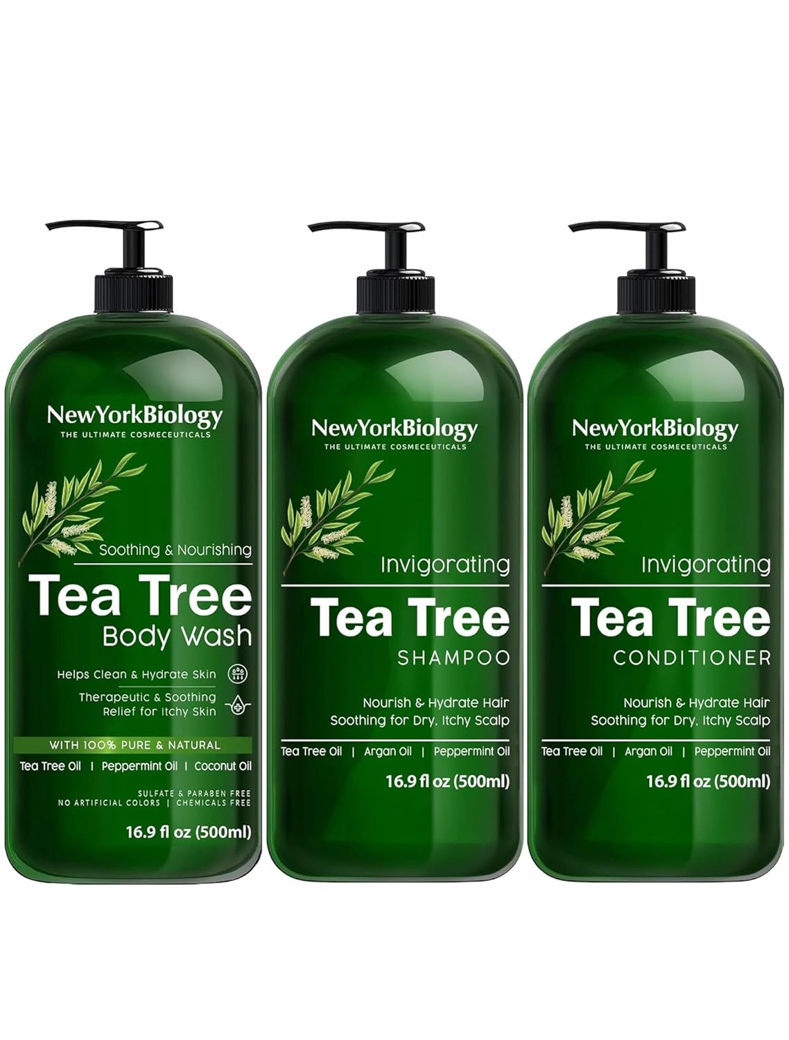 New York Biology Tea Tree Body Wash with Tea Tree Shampoo and Conditioner Set – Helps Itchy Skin Conditions & Body Odor - Deep Cleanser – Relief for Dandruff and Itchy Scalp – 16.9 fl. Oz