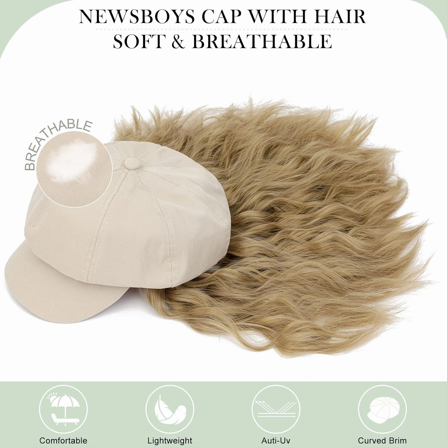 Newsboy Cap with Hair Extensions Short Curly Wavy Bob Hairstyle Wig Hat Beret 8 Panel Attached 14" Synthetic Hairpiece for Women Ash Blonde
