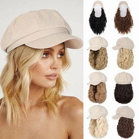 Newsboy Cap with Hair Extensions Short Curly Wavy Bob Hairstyle Wig Hat Beret 8 Panel Attached 14" Synthetic Hairpiece for Women Ash Blonde