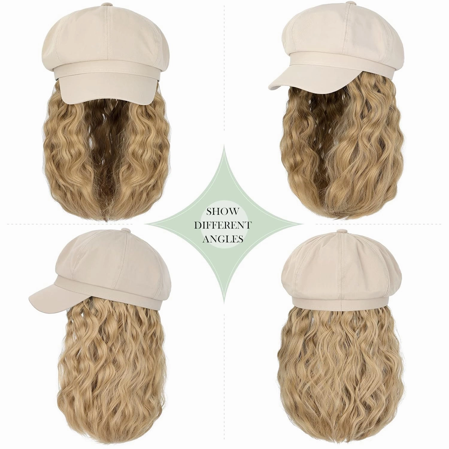 Newsboy Cap with Hair Extensions Short Curly Wavy Bob Hairstyle Wig Hat Beret 8 Panel Attached 14" Synthetic Hairpiece for Women Ash Blonde