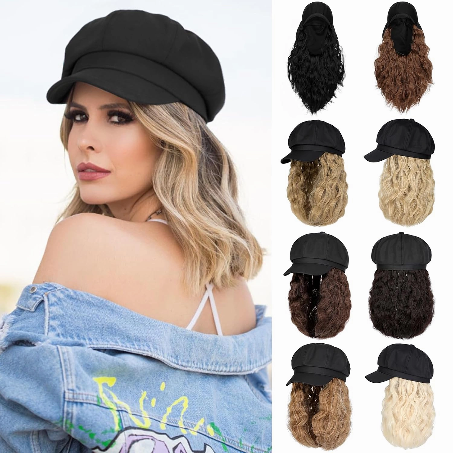 Newsboy Cap with Hair Extensions Short Curly Wavy Bob Hairstyle Wig Hat Beret 8 Panel Attached 14" Synthetic Hairpiece for Women Ash Blonde Mix Bleach Blonde