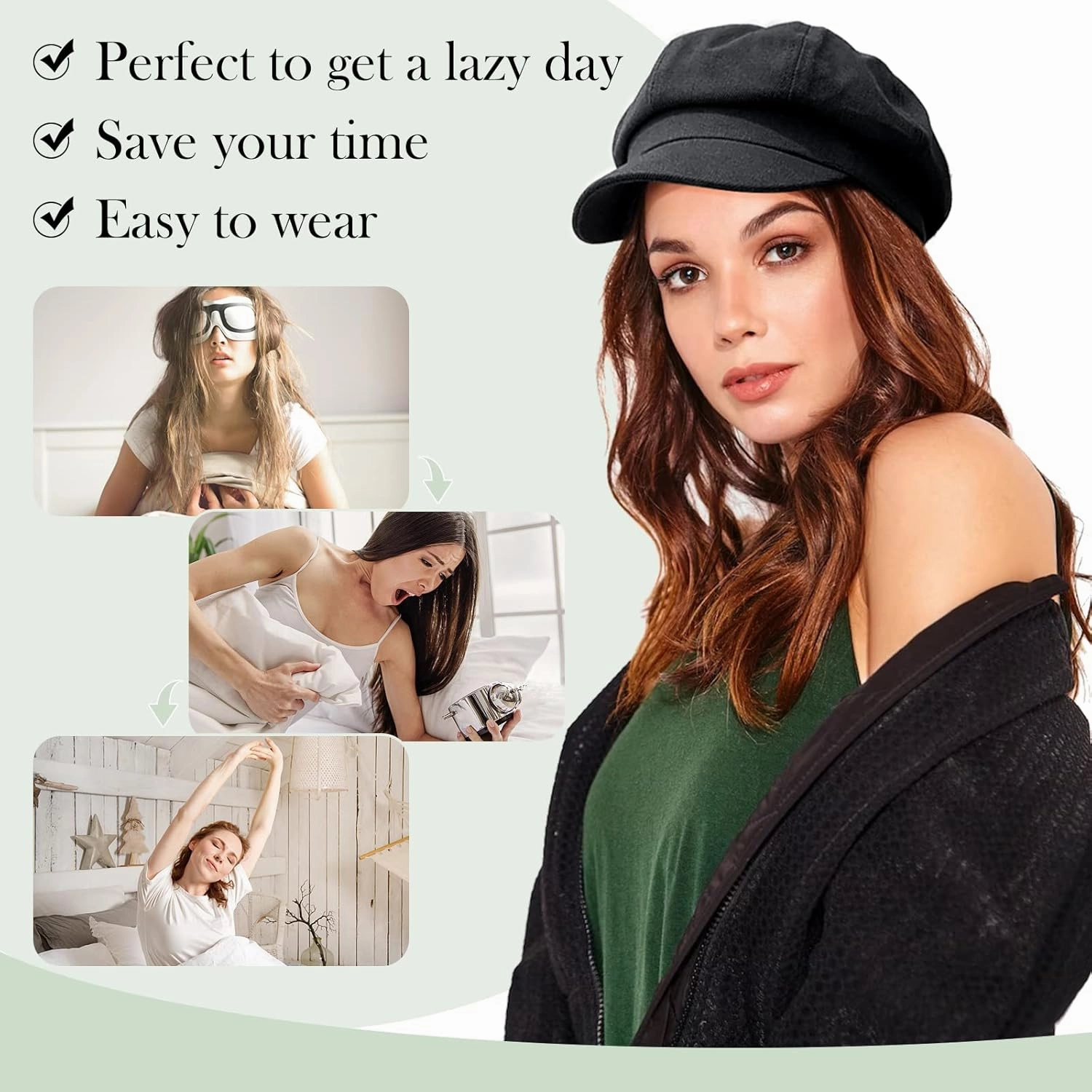 Newsboy Cap with Hair Extensions Short Curly Wavy Bob Hairstyle Wig Hat Beret 8 Panel Attached 14" Synthetic Hairpiece for Women Ash Blonde Mix Bleach Blonde