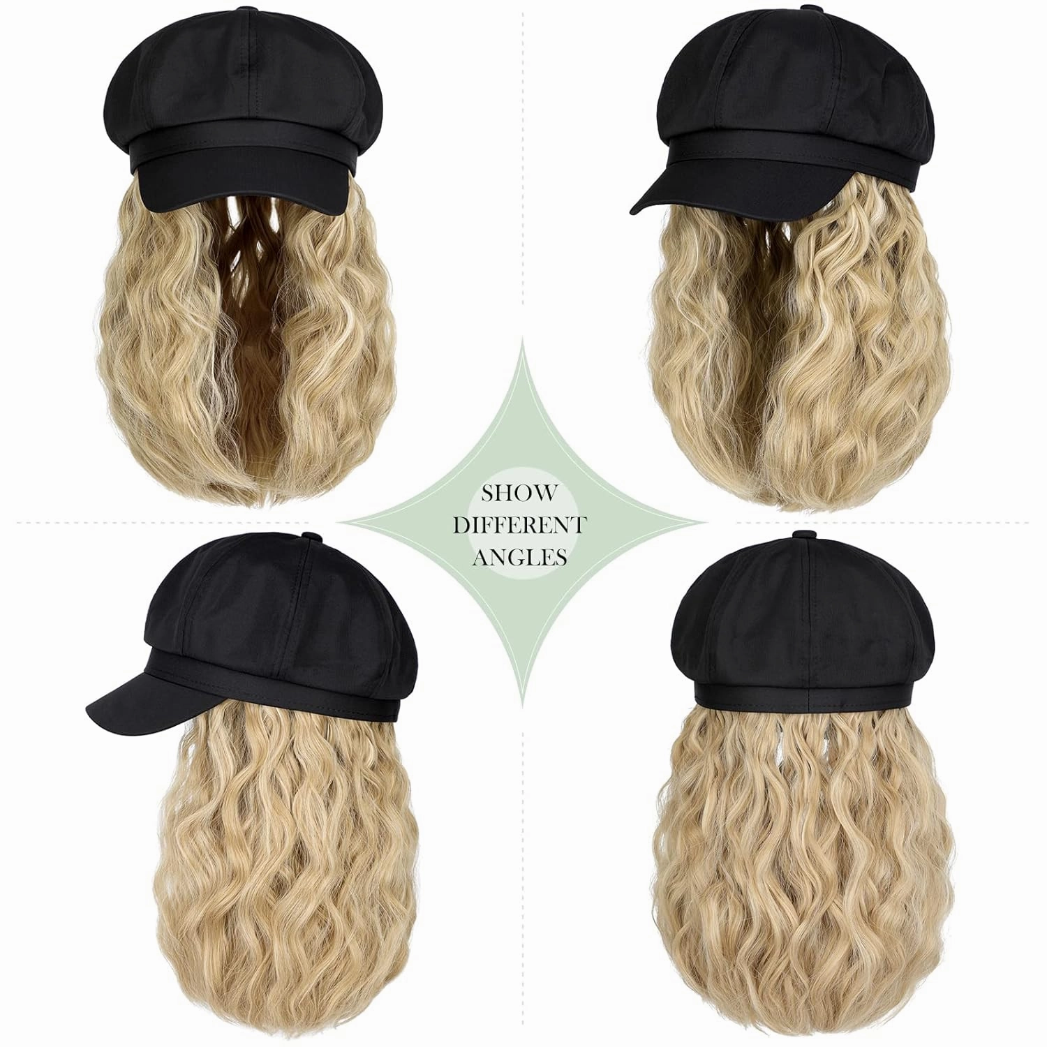 Newsboy Cap with Hair Extensions Short Curly Wavy Bob Hairstyle Wig Hat Beret 8 Panel Attached 14" Synthetic Hairpiece for Women Ash Blonde Mix Bleach Blonde