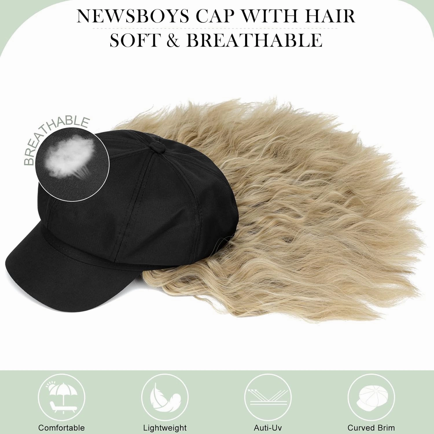 Newsboy Cap with Hair Extensions Short Curly Wavy Bob Hairstyle Wig Hat Beret 8 Panel Attached 14" Synthetic Hairpiece for Women Ash Blonde Mix Bleach Blonde