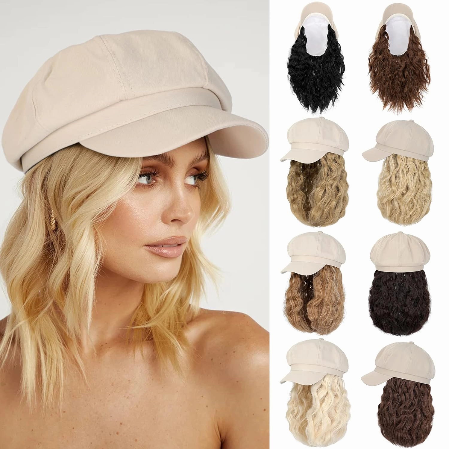 Newsboy Cap with Hair Extensions Short Curly Wavy Bob Hairstyle Wig Hat Beret 8 Panel Attached 14" Synthetic Hairpiece for Women Ash Blonde