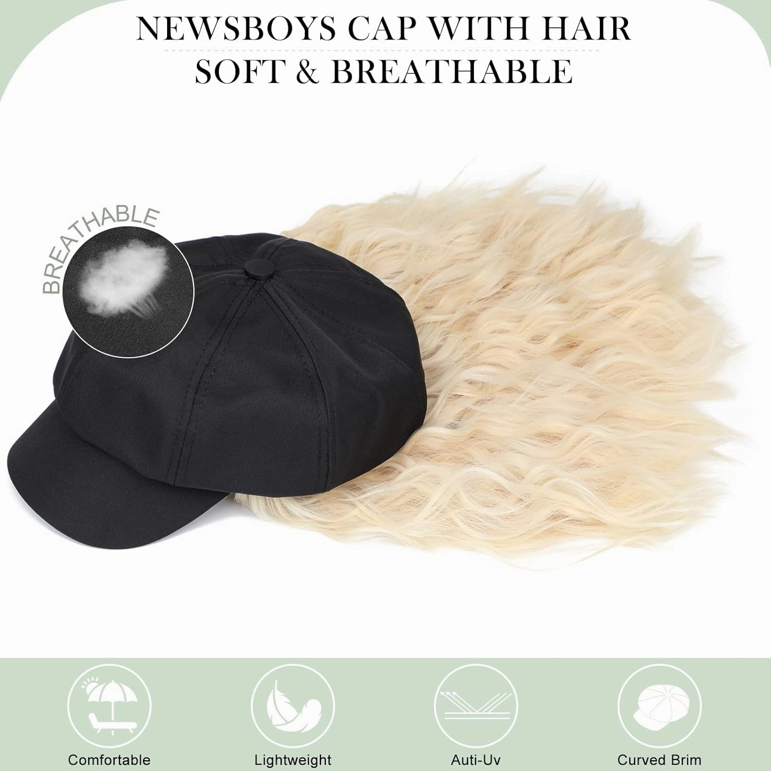 Newsboy Cap with Hair Extensions Short Curly Wavy Bob Hairstyle Wig Hat Beret 8 Panel Attached 14" Synthetic Hairpiece for Women Bleach Blonde