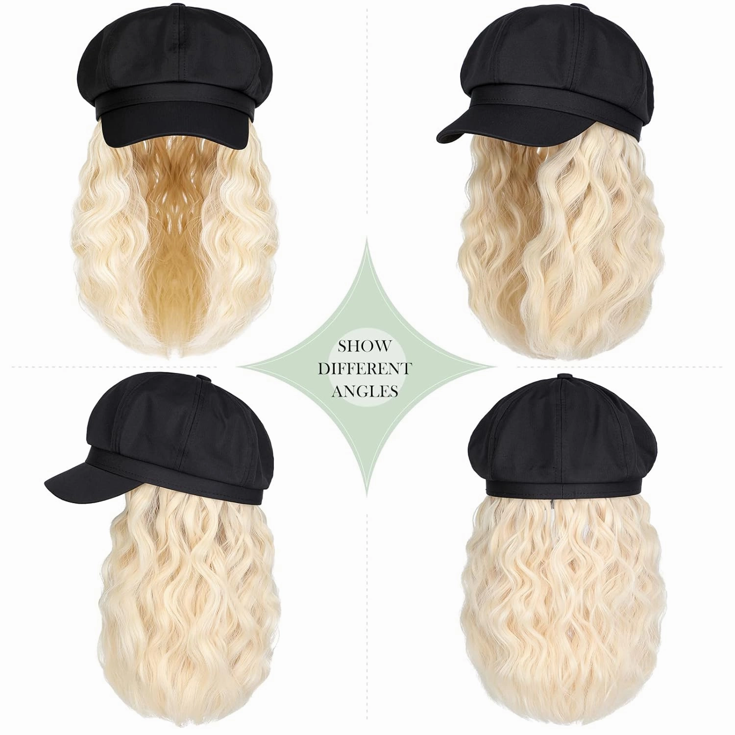 Newsboy Cap with Hair Extensions Short Curly Wavy Bob Hairstyle Wig Hat Beret 8 Panel Attached 14" Synthetic Hairpiece for Women Bleach Blonde