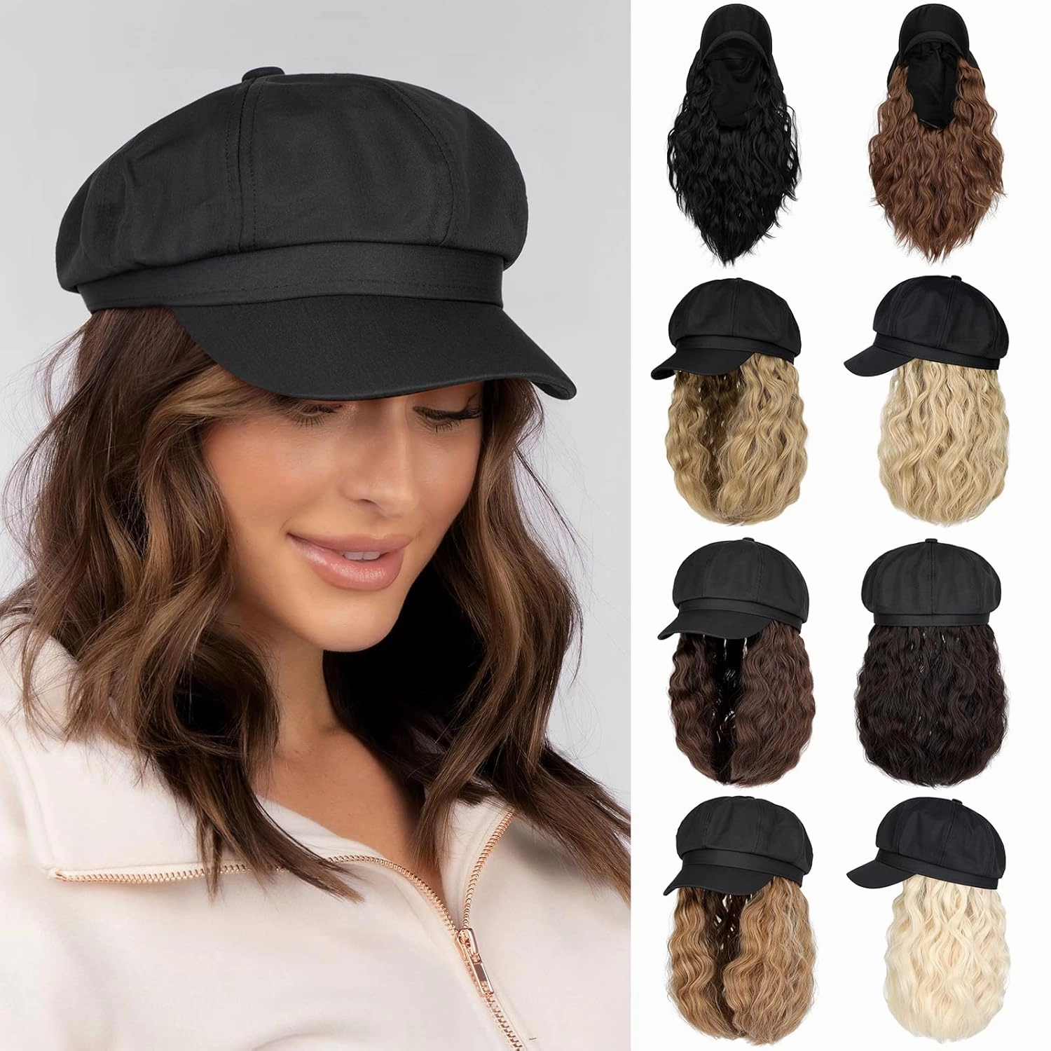 Newsboy Cap with Hair Extensions Short Curly Wavy Bob Hairstyle Wig Hat Beret 8 Panel Attached 14" Synthetic Hairpiece for Women Bleach Blonde