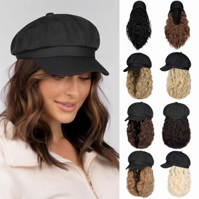 Newsboy Cap with Hair Extensions Short Curly Wavy Bob Hairstyle Wig Hat Beret 8 Panel Attached 14" Synthetic Hairpiece for Women Bleach Blonde