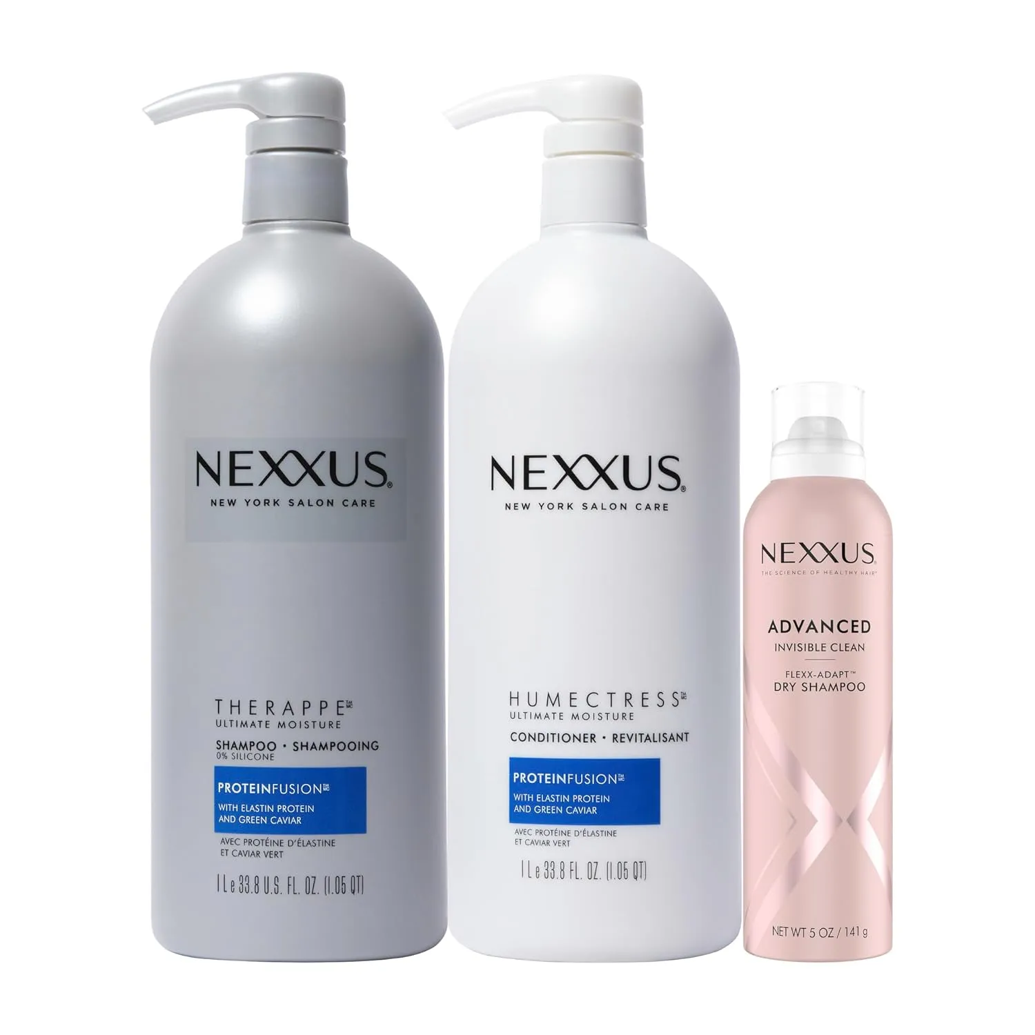 Nexxus Shampoo & Conditioner Therappe Humectress 2 ct for Dry Hair 33.8 oz & Advanced Invisible Clean Dry Shampoo for Instant Oil Control 5 oz