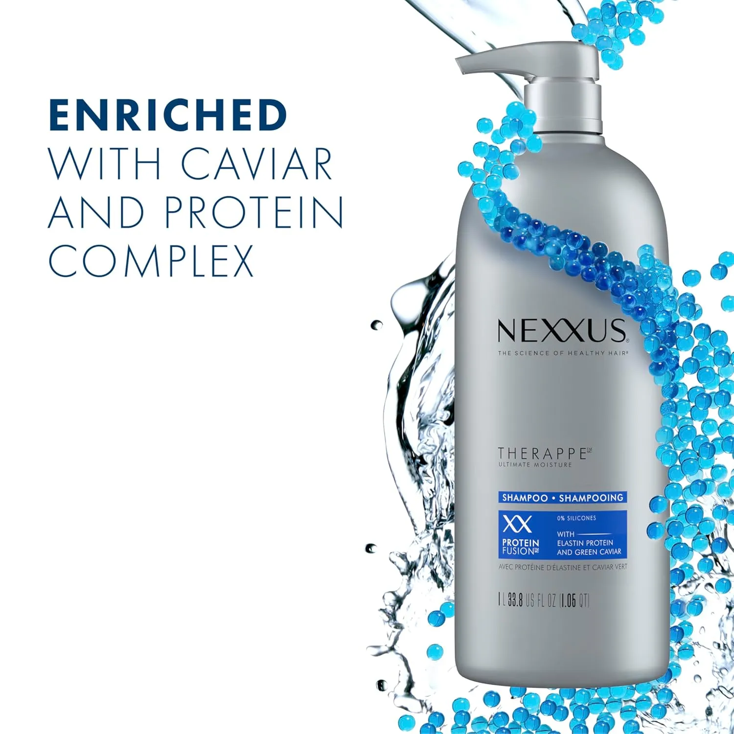 Nexxus Shampoo and Conditioner Therappe Humectress 2 Count for Dry Hair Silicone-Free, Moisturizing Caviar Complex and Elastin Protein 33.8 oz