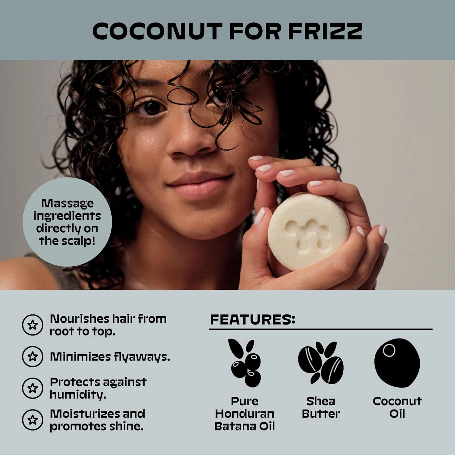 NOLE CARE Sustainable Bar Shampoo with Coconut & Batana Oil, for Frizz (3 oz) - PH Balanced, Rice Protein Based, Frizz Control, Sulfate-Free, Plastic-Free