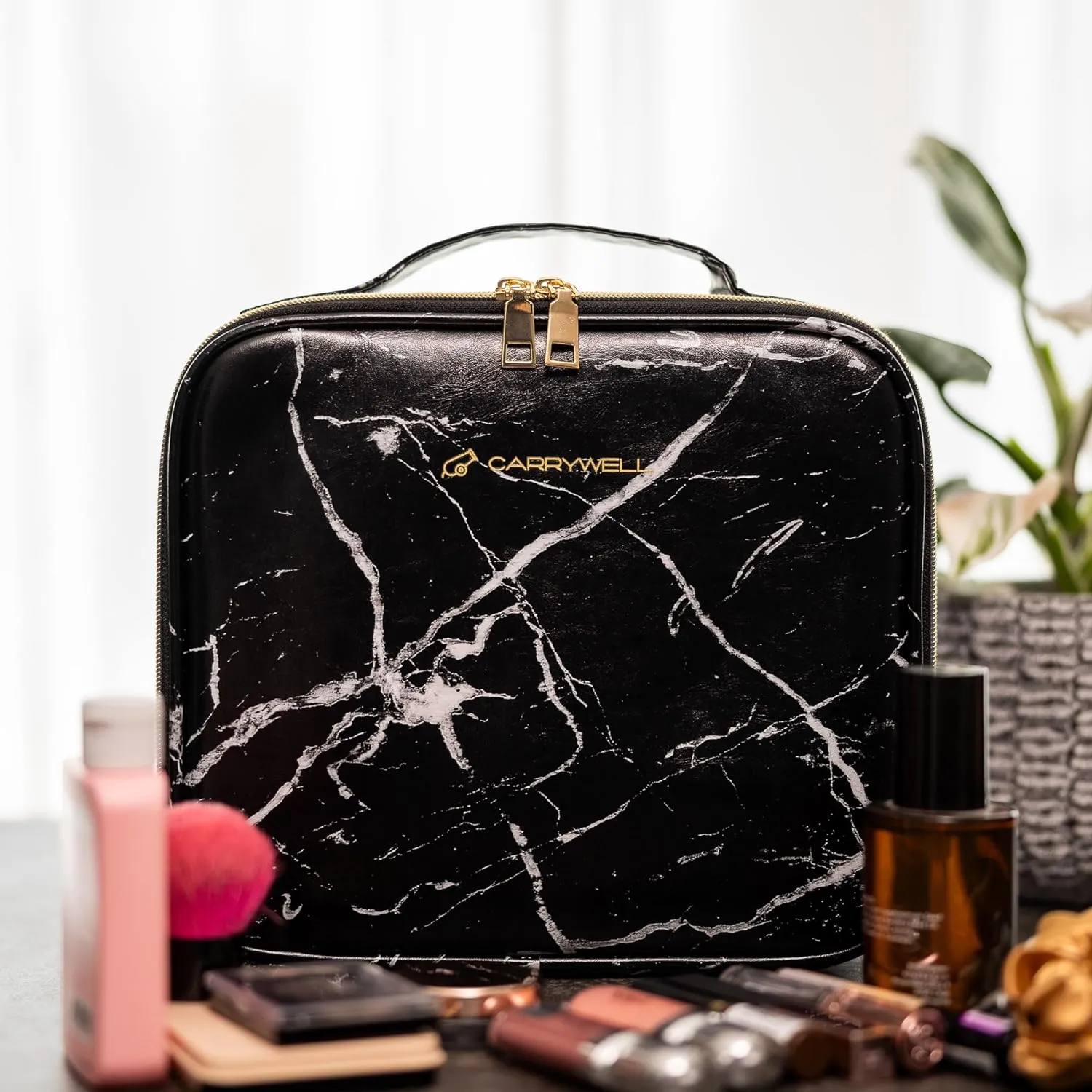 (Not Made In China) Makeup Train Case, Cosmetic Organizer Bag, Travel Make Up Storage With Adjustable Dividers For Cosmetics, Jewelry, Fragrance, Nail Polish and Brushes (1, Marble, Small)