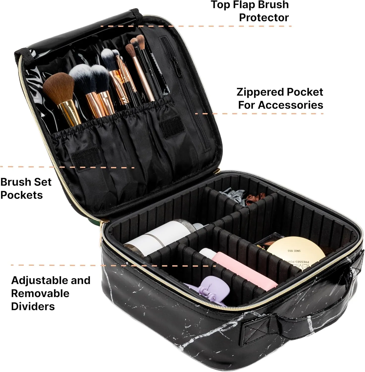 (Not Made In China) Makeup Train Case, Cosmetic Organizer Bag, Travel Make Up Storage With Adjustable Dividers For Cosmetics, Jewelry, Fragrance, Nail Polish and Brushes (1, Marble, Small)