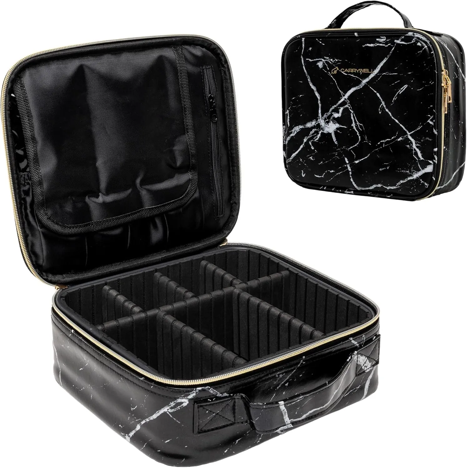 (Not Made In China) Makeup Train Case, Cosmetic Organizer Bag, Travel Make Up Storage With Adjustable Dividers For Cosmetics, Jewelry, Fragrance, Nail Polish and Brushes (1, Marble, Small)