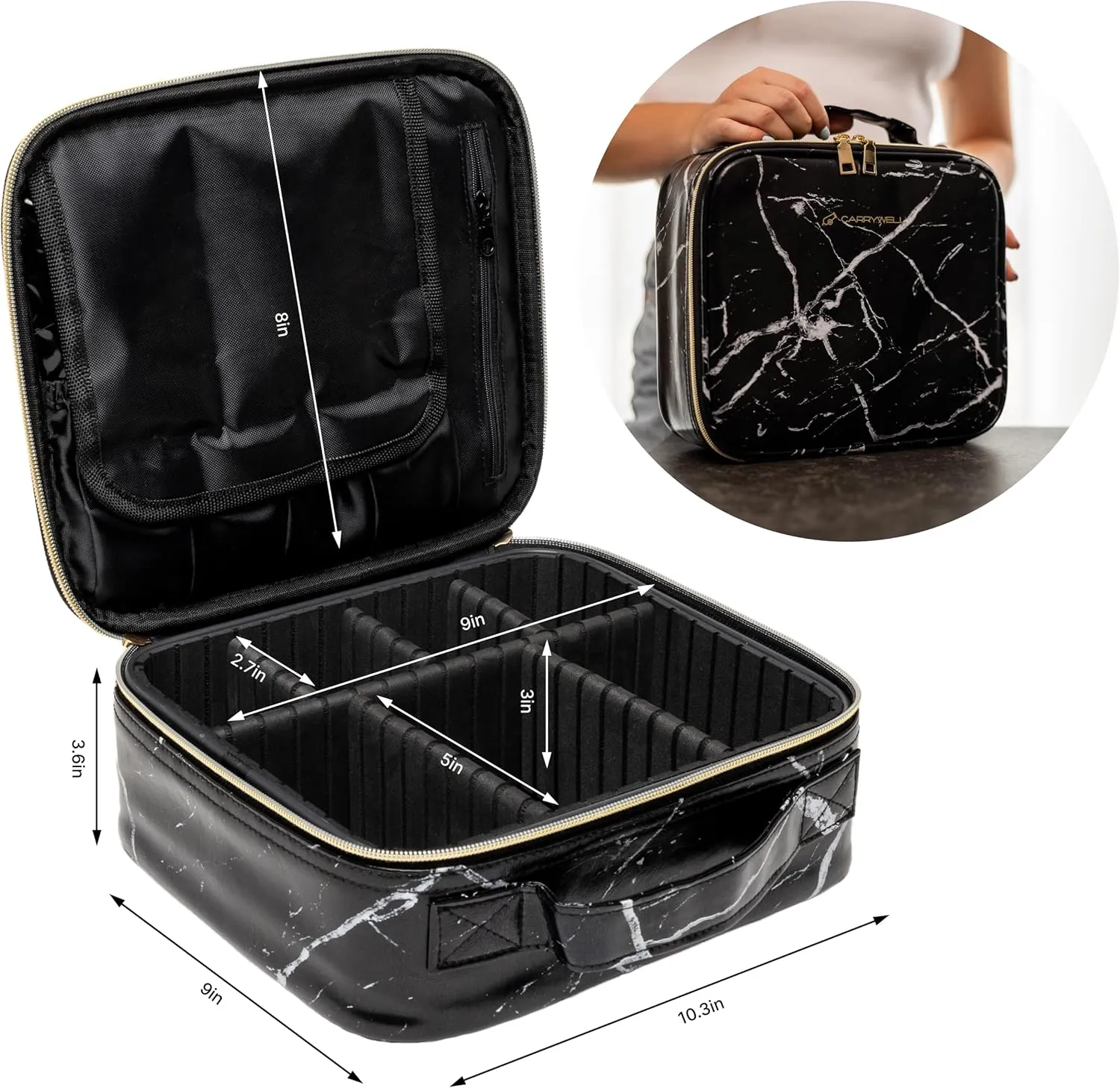 (Not Made In China) Makeup Train Case, Cosmetic Organizer Bag, Travel Make Up Storage With Adjustable Dividers For Cosmetics, Jewelry, Fragrance, Nail Polish and Brushes (1, Marble, Small)