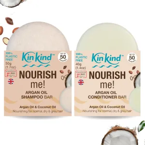 NOURISH me! Shampoo and Conditioner Bar Set | Argan Oil and Coconut Oil Shampoo and Conditioner Bars for Hydration & Softness | For normal, dry and grey hair. 50 washes. UK made