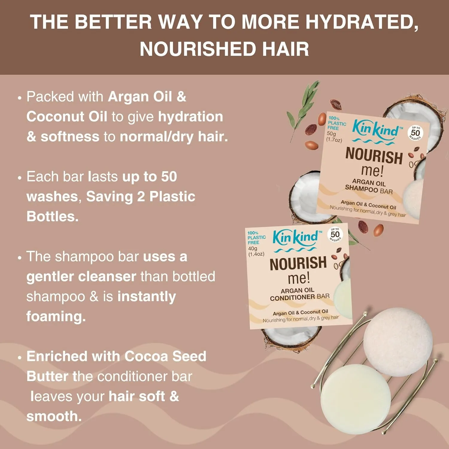 NOURISH me! Shampoo and Conditioner Bar Set | Argan Oil and Coconut Oil Shampoo and Conditioner Bars for Hydration & Softness | For normal, dry and grey hair. 50 washes. UK made