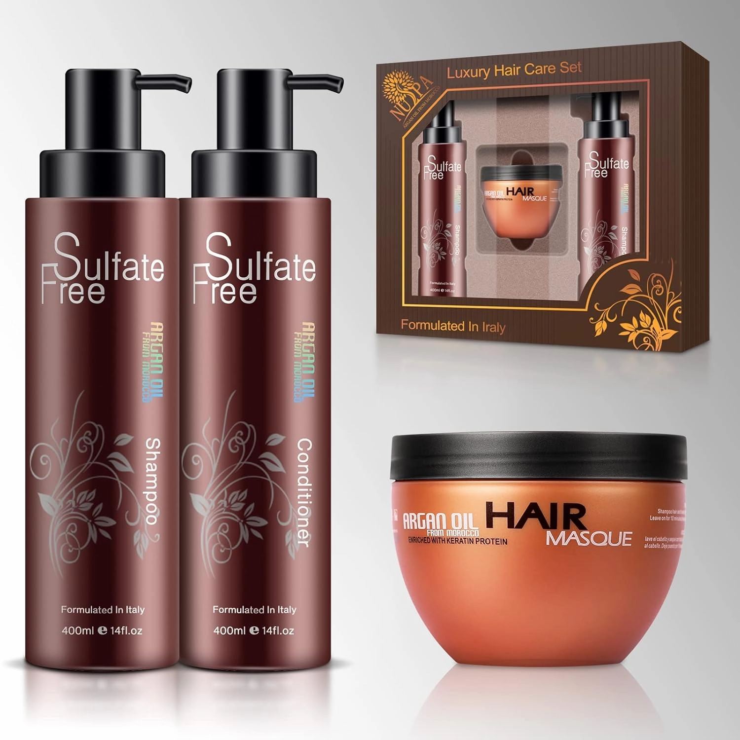 Nuspa Moroccan Argan Oil Hair Care Set - Sulfate Free for Damaged, Dry, Frizzy, Color Safe, Keratin Treated Hair with Long Lasting Shine