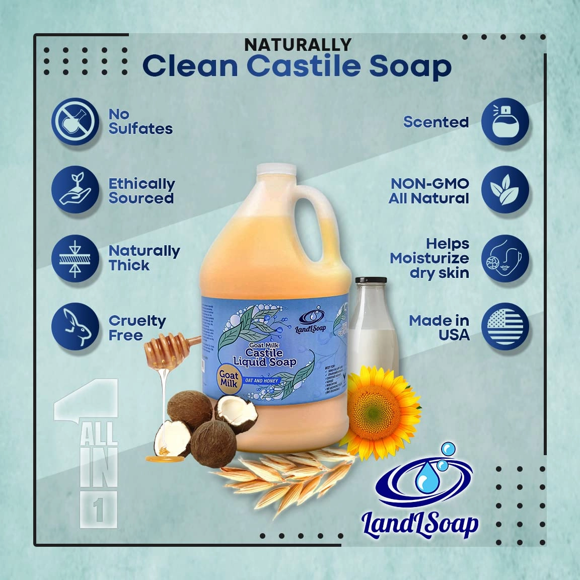 Oatmeal, Honey and Goat Milk Pure Castile Soap Liquid for Face, Hand & Body Wash- Non-GMO, Made in USA, All Skin Types, Dry & Sensitive Skin (Half Gallon)