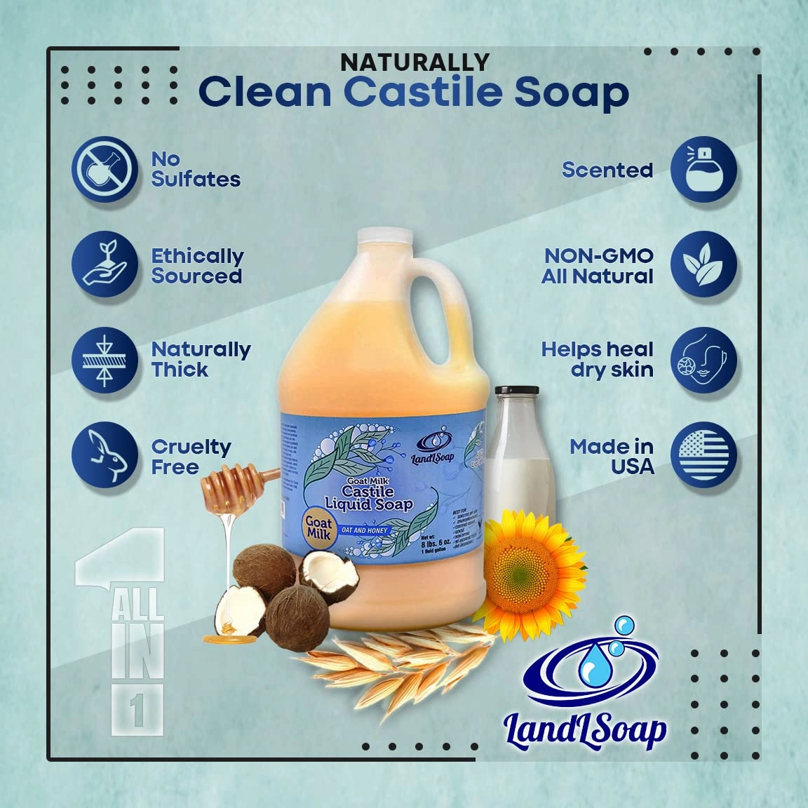 Oatmeal, Honey and Goat Milk Pure Castile Soap Liquid for Face, Hand & Body Wash- Non-GMO, Made in USA, All Skin Types, Dry & Sensitive Skin (Half Gallon)