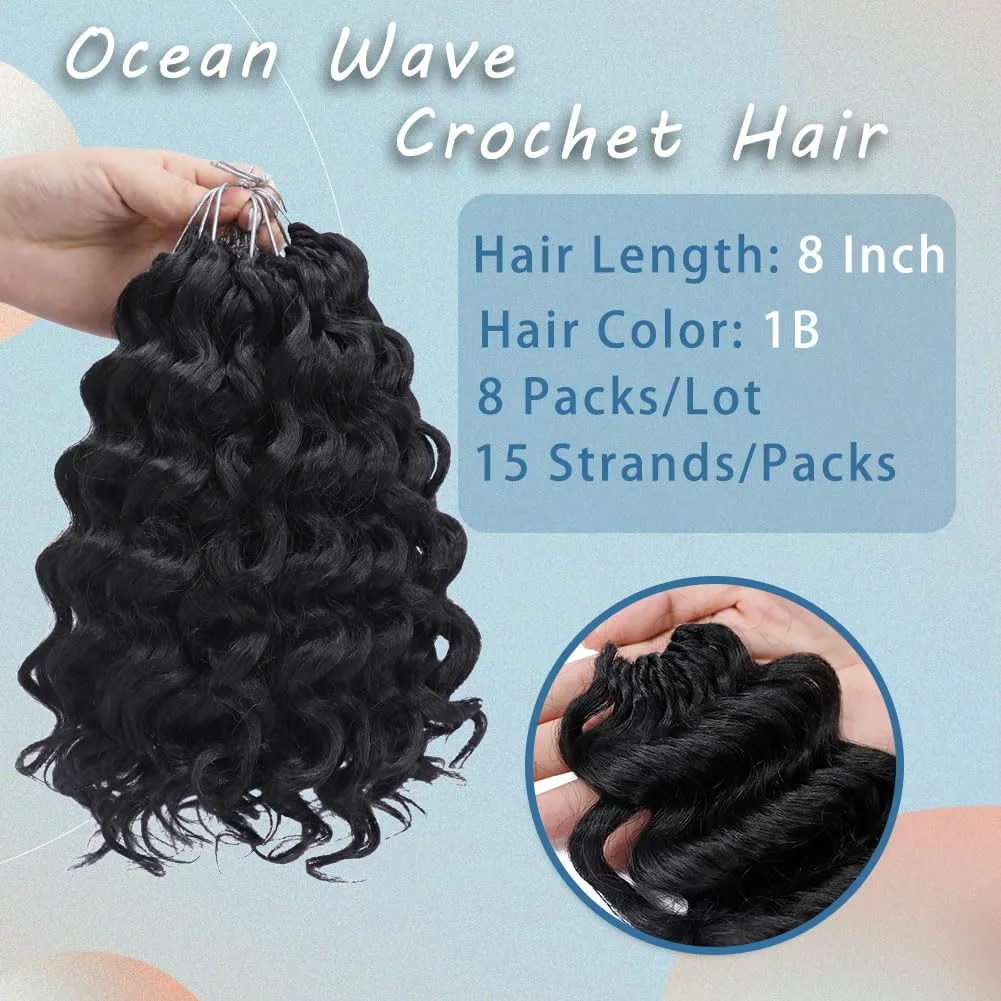 Ocean Wave Crochet Hair 8 Inch, 8 Packs Deep Wave Crochet Hair for Women, Short Curly Crochet Braids Pre Looped Beach Curl Hair Extensions (1B#)