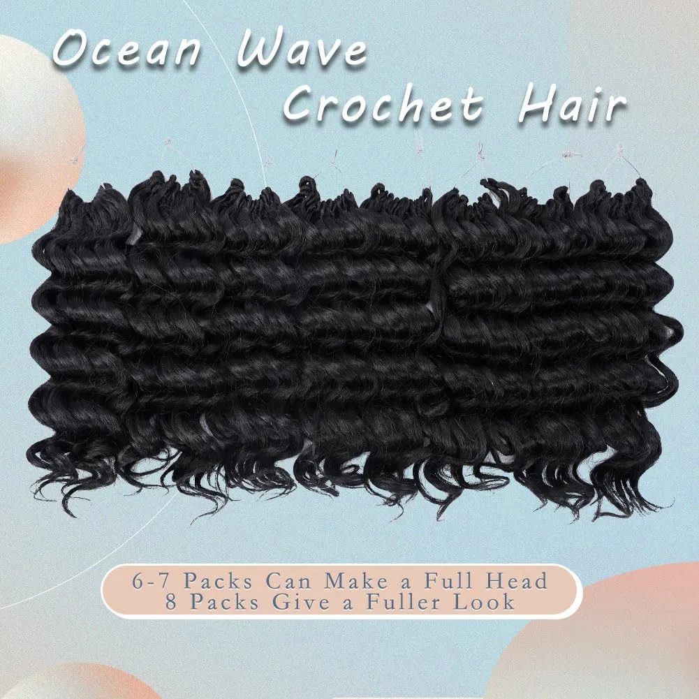 Ocean Wave Crochet Hair 8 Inch, 8 Packs Deep Wave Crochet Hair for Women, Short Curly Crochet Braids Pre Looped Beach Curl Hair Extensions (1B#)