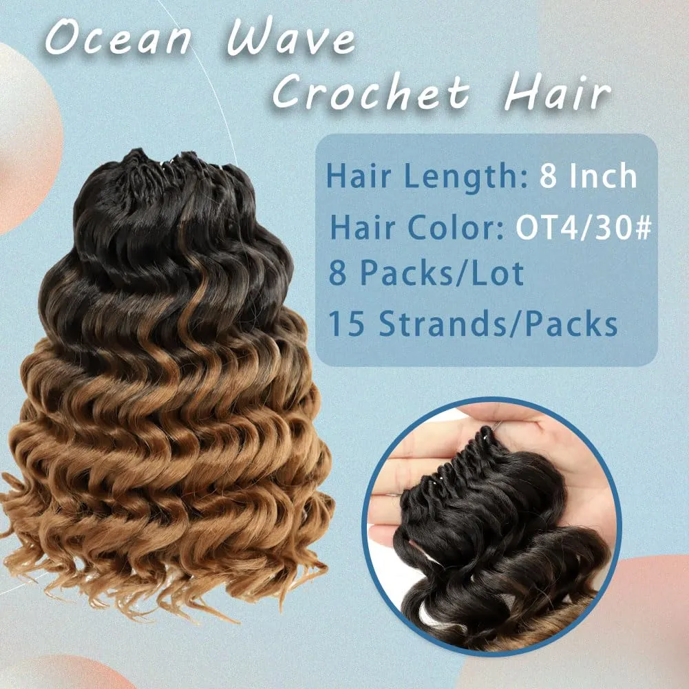 Ocean Wave Crochet Hair 8 Inch, 8 Packs Deep Wave Crochet Hair for Women, Short Curly Crochet Braids Pre Looped Beach Curl Hair Extensions (OT4/30#)