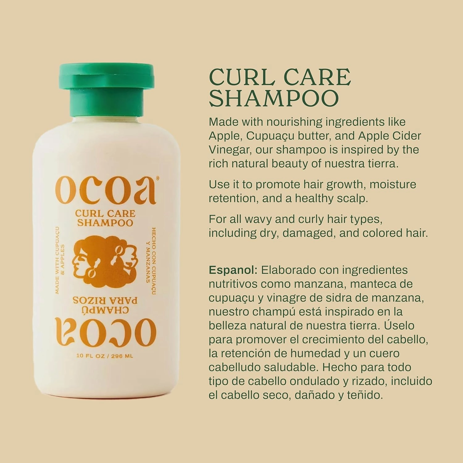 OCOA Curl Care Shampoo - Sulfate-Free Apple, Cupuaçu Butter & Apple Cider Vinegar Shampoo for Curly & Wavy Hair, 10oz - Promotes Hair Growth, Moisture Retention, & Healthy Scalp
