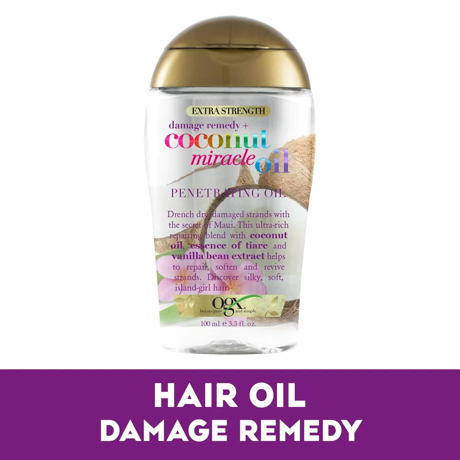 OGX Extra Strength Damage Remedy   Coconut Miracle Oil Penetrating Hair Oil Treatment, Extra Hydrating Anti-Frizz Oil for Coarse, Dry Hair, Paraben-Free, Sulfated-Surfactants Free, 3.3 Fl Oz