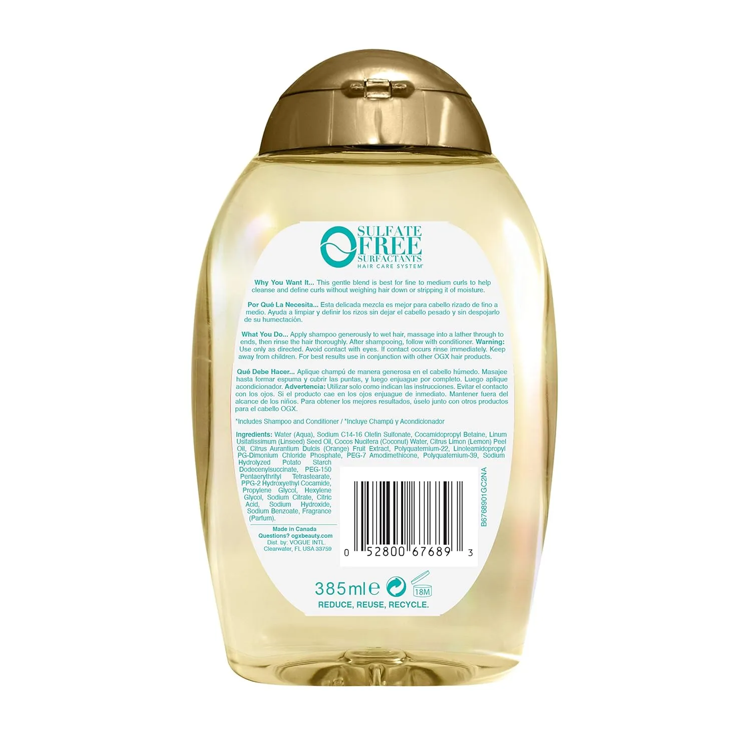 OGX Lightweight   Coconut Fine Curls Shampoo, Lightweight, For Curly Hair, Coconut Water, Flaxseed Oil, Citrus Oil, 13 Fl Oz