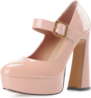 Oh Mispares Women's Chunky Heel Mary Jane Pumps Closed Toe Thick Sole Platform Adjustable Ankle Strap Block High Heeled Pumps Patent Dress Casual Wedding Heels 5 Inch