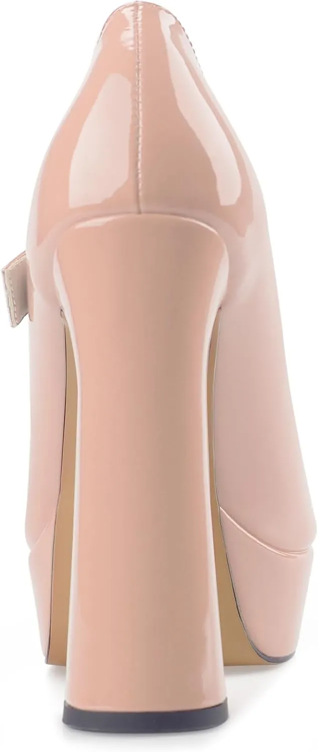 Oh Mispares Women's Chunky Heel Mary Jane Pumps Closed Toe Thick Sole Platform Adjustable Ankle Strap Block High Heeled Pumps Patent Dress Casual Wedding Heels 5 Inch